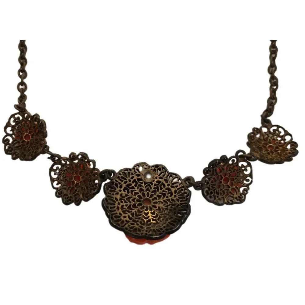 Vintage Necklace Coral Colored Celluloid Carved Rose Gold Tone Chain Fillagree - Picture 9 of 9